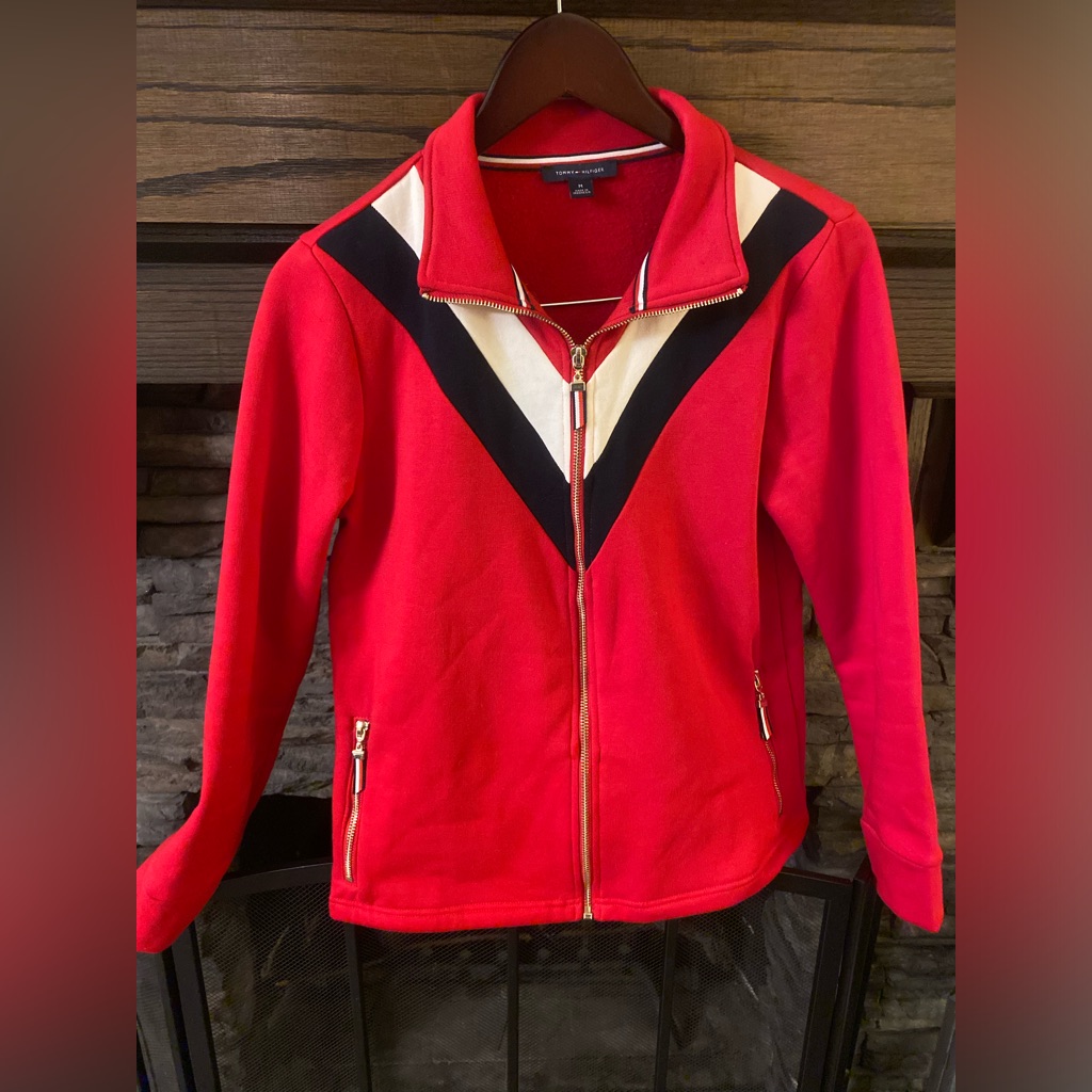 Tommy Hilfiger Womens Red Zip Up Sweater Size Medium Gold Accents M